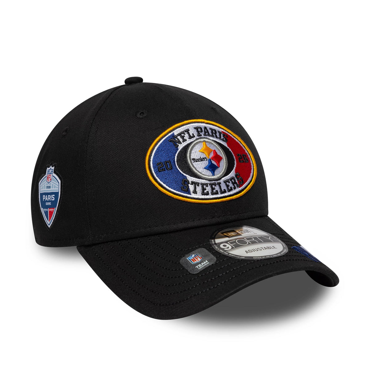 Pittsburgh Steelers NFL International Games 2026 Paris Black New Era 9FORTY Adjustable Cap, three-quarter view showing the embroidered NFL Paris Steelers logo on the front panel, a Paris shield patch on the left side.