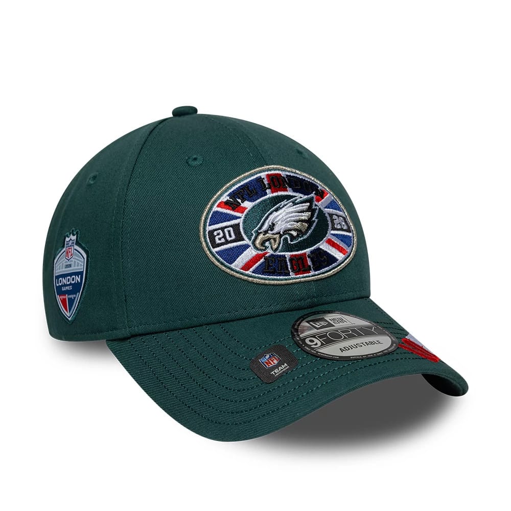 Pictured is this NFL International Games 2026 London Philadelphia Eagles 9FORTY cap in dark green. 1