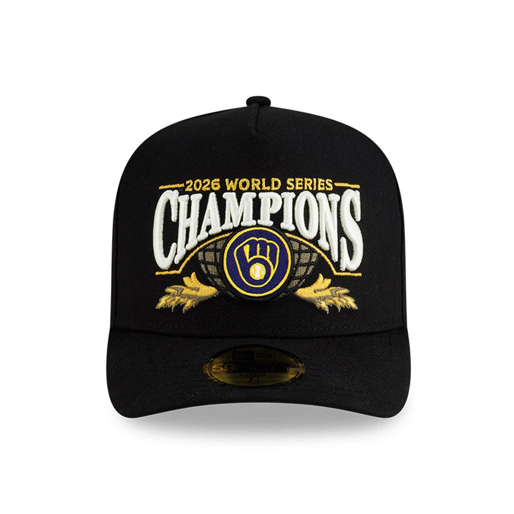 Pictured is this Milwaukee Brewers MLB World Series Champions 2026 Black 59FIFTY A-Frame Fitted adjustable cap. 3