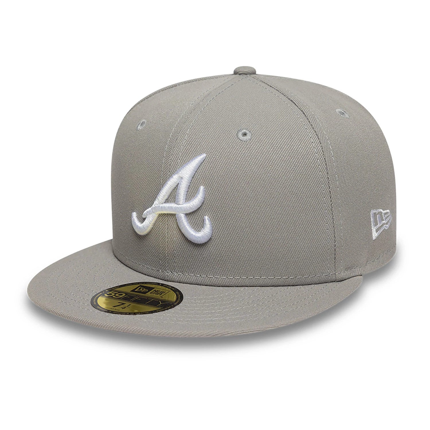 Atlanta Braves Essential Pack Grey New Era 59FIFTY Fitted Cap, front view showing the raised white embroidered A logo on the grey structured crown, a matching grey visor with a gold 59FIFTY size sticker, and the New Era flag logo on the left side.