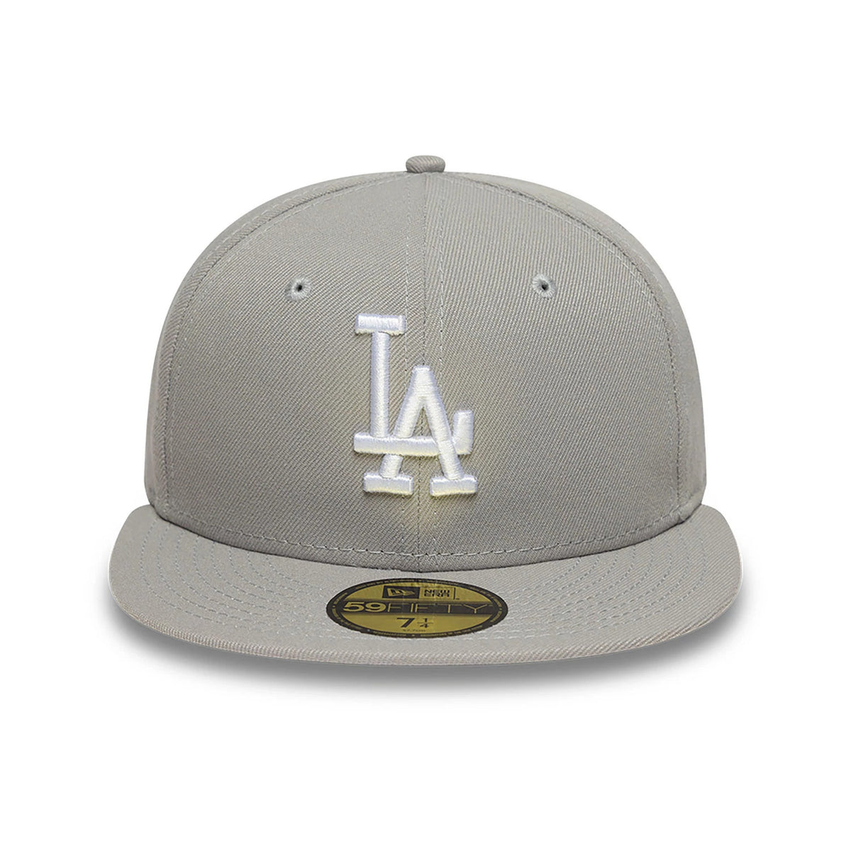 LA Dodgers Essential Pack Grey New Era 59FIFTY Fitted Cap, front view showing a white raised embroidered LA logo on the structured grey crown, complete with a visor and gold 59FIFTY size sticker.