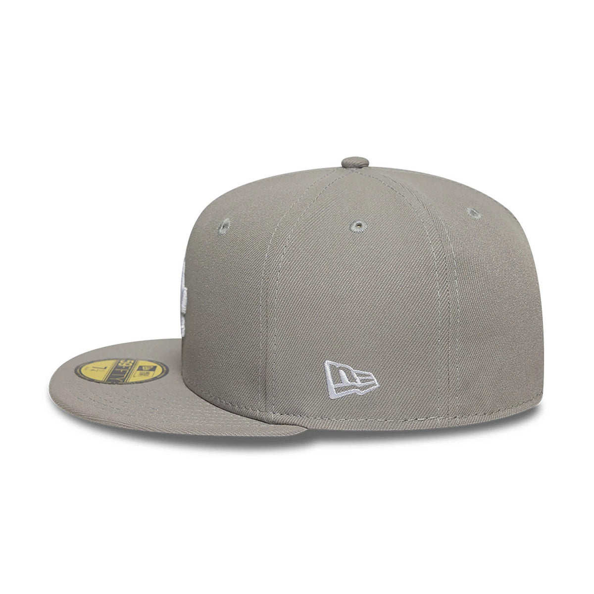 LA Dodgers Essential Pack Grey New Era 59FIFTY Fitted Cap, side view showing the embroidered white New Era flag logo on the grey structured crown, a grey flat visor with a gold 59FIFTY size sticker, and ventilating eyelets.