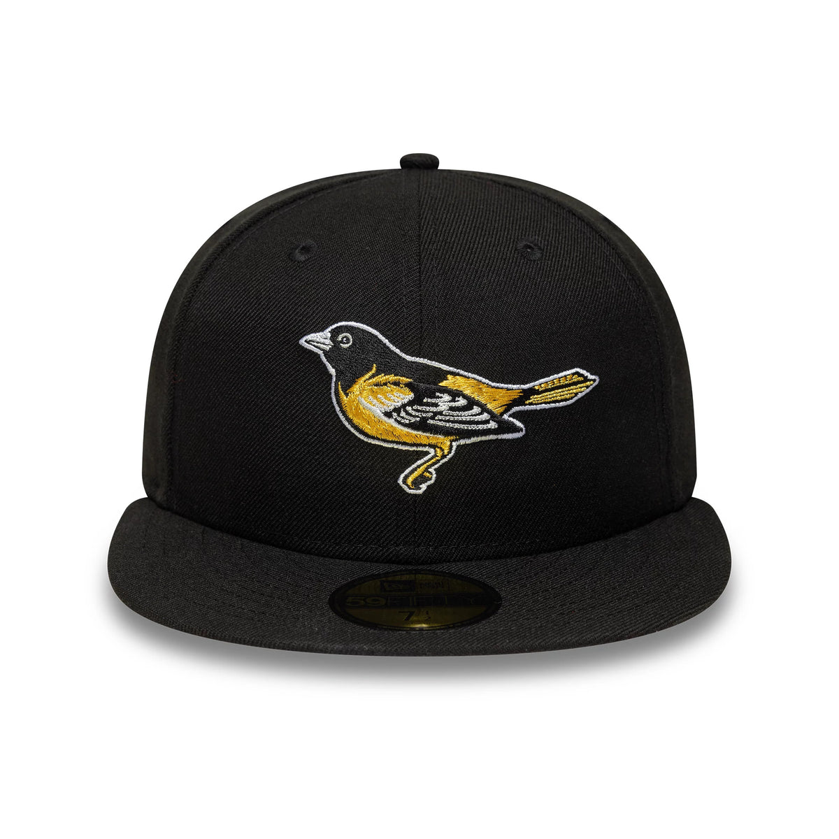 Baltimore Orioles MLB Black New Era 59FIFTY Fitted Cap, front view showing a detailed orange and white Baltimore Orioles bird logo embroidered on the structured black crown, with a gold 59FIFTY size sticker on the flat black visor.