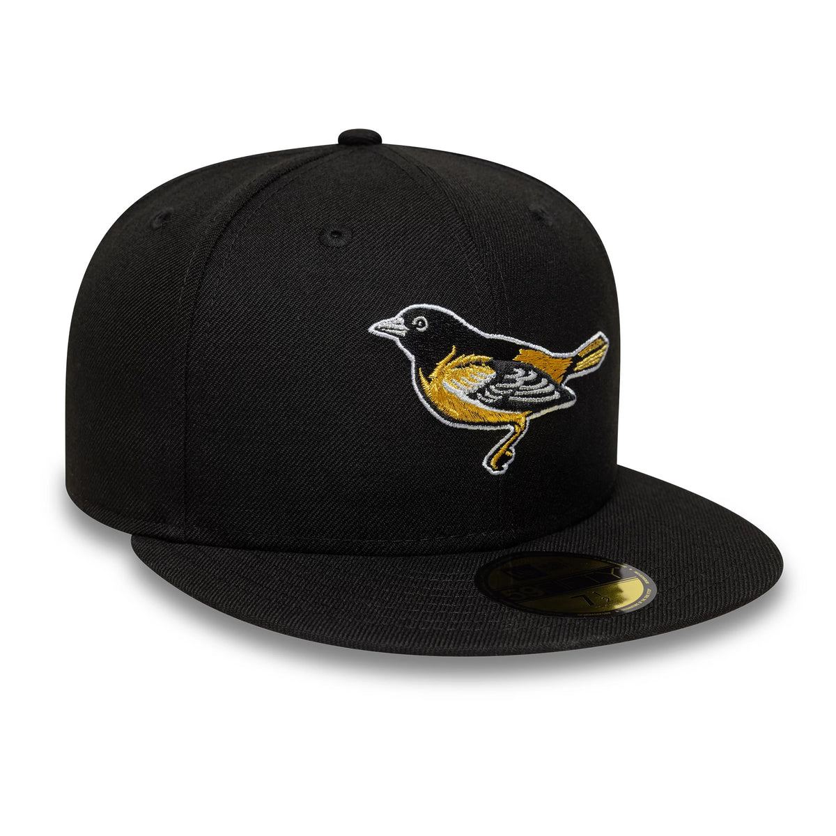 Baltimore Orioles MLB Black New Era 59FIFTY Fitted Cap, front view showing a detailed embroidered Baltimore Oriole logo on the front panel, a flat black visor with a gold 59FIFTY size sticker, and a structured black crown.