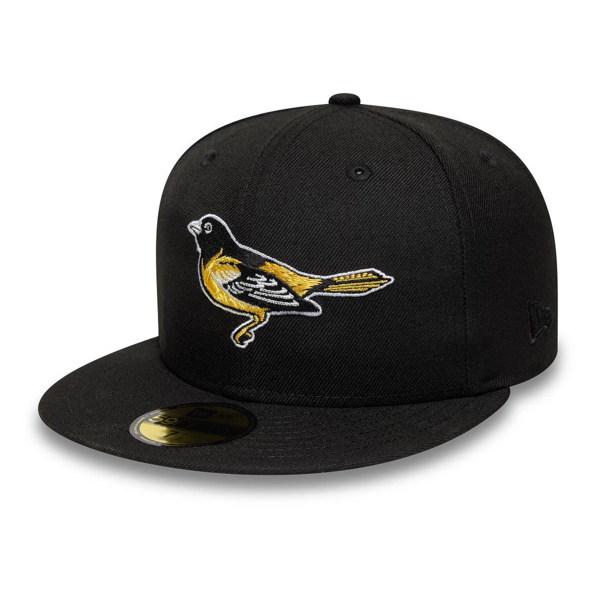Baltimore Orioles MLB Black New Era 59FIFTY Fitted Cap, front view showing an embroidered yellow and white oriole logo on the black front panel, with a flat black visor and a gold 59FIFTY size sticker on the top.