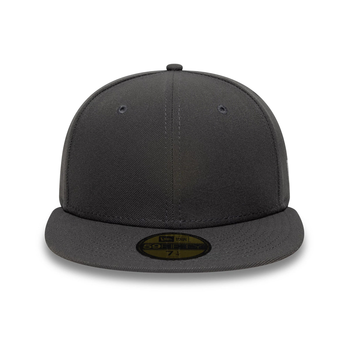 New Era Grey 59FIFTY Fitted Cap, front view showing the grey raised embroidery on the structured front panels, a flat grey visor, and a gold 59FIFTY size sticker centrally placed on the underside of the visor.