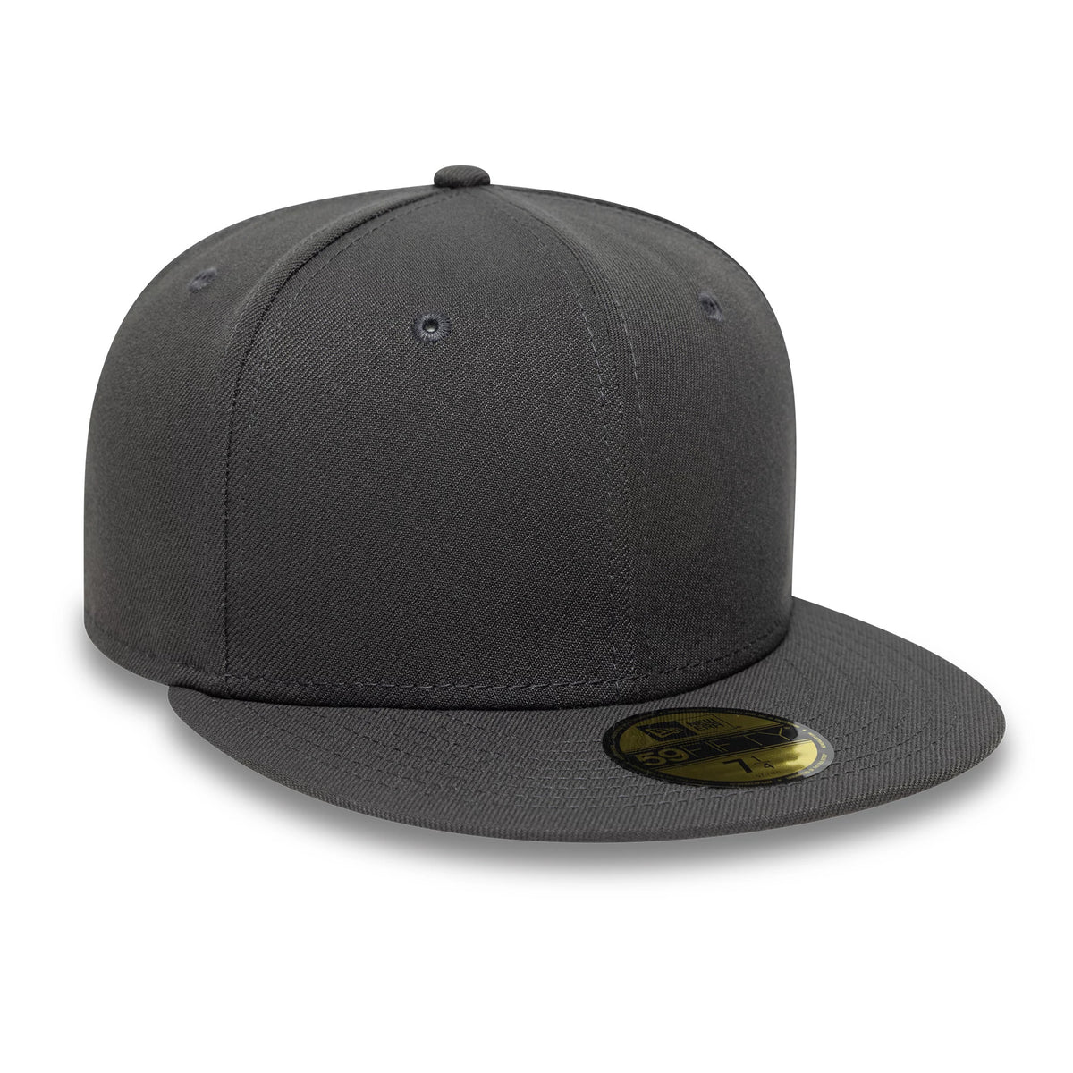 New Era Grey 59FIFTY Fitted Cap, three-quarter view showing a structured grey crown with matching eyelets, a flat grey visor, and a gold 59FIFTY size sticker placed centrally on the visor.