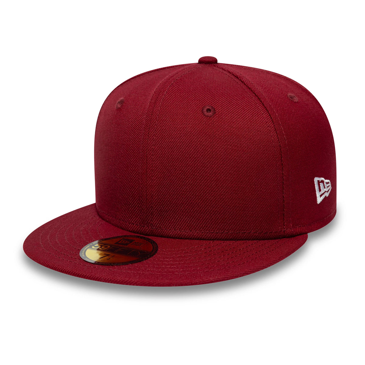 New Era Dark Red 59FIFTY Fitted Cap, front view showing the raised embroidered New Era flag logo on the left side, the flat dark red visor with a gold 59FIFTY size sticker, and matching top button and eyelets.