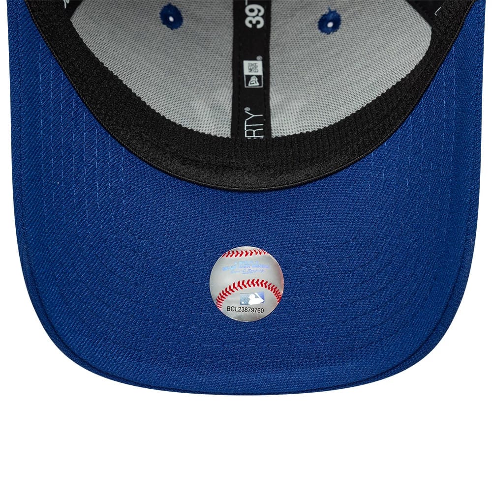 New York Yankees MLB Blue New Era 39THIRTY Stretch Fit Cap, inside view showing a grey sweatband with black branding tape, a baseball graphic sticker on the blue undervisor, and contrasting black taping across the interior.