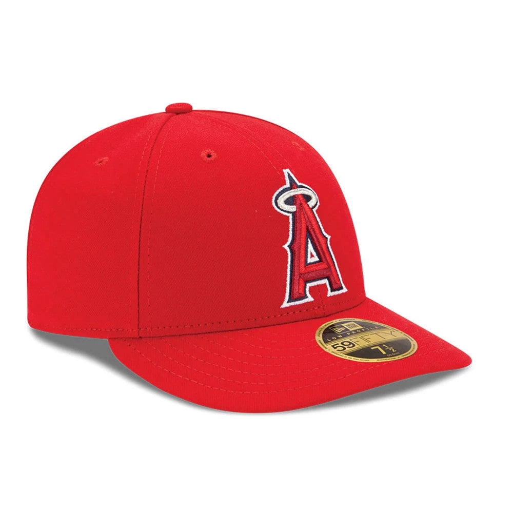 LA Angels Authentic Collection Red Low Profile New Era 59FIFTY Fitted Cap, three-quarter view showing the raised white and red embroidered A logo on the red front panel, a matching red visor, and a gold 59FIFTY size sticker.