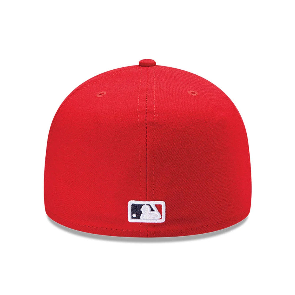 LA Angels Authentic Collection Red Low Profile New Era 59FIFTY Fitted Cap, rear view showing the white and navy embroidered MLB Batterman logo at the centre back, with a red crown featuring eyelets and a matching top button.