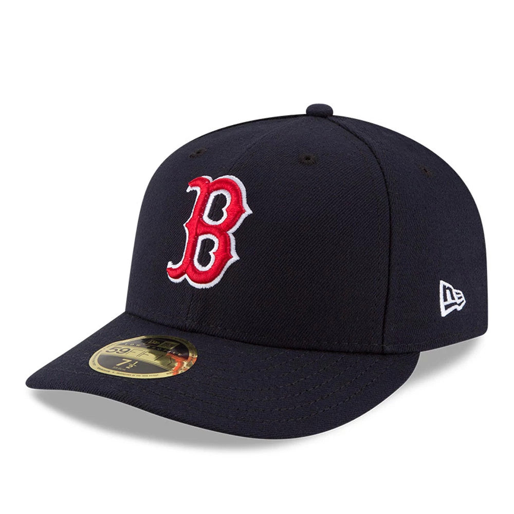 Boston Red Sox Authentic Collection Low Profile New Era 59FIFTY, three-quarter view showing the red and white embroidered B logo on the front panel, coupled with a navy visor featuring a gold 59FIFTY size sticker.