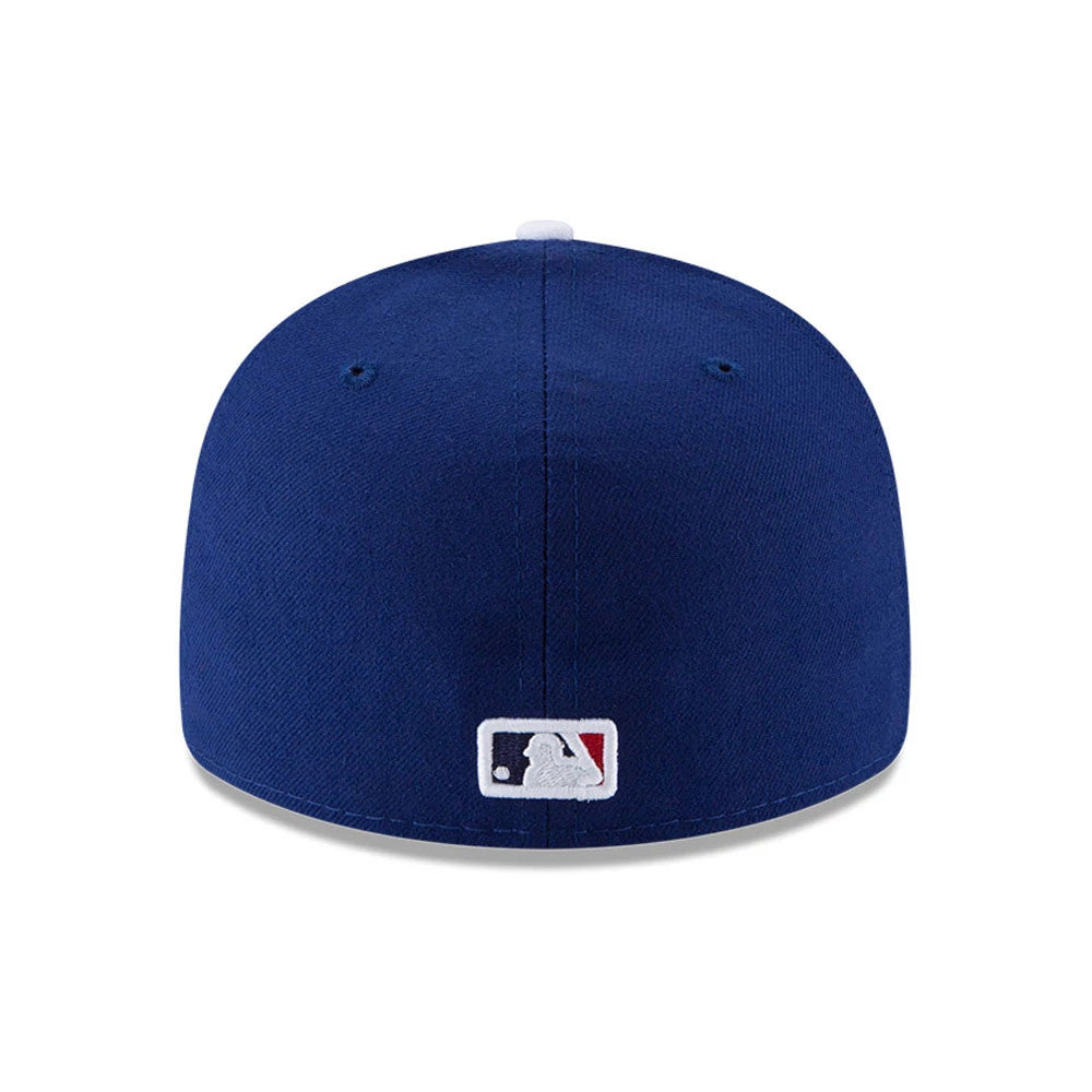 LA Dodgers Authentic Collection New Era 59FIFTY Low Profile Cap, rear view showing the MLB Batterman logo embroidered in white and navy at the centre of the structured blue crown, with matching blue eyelets and top button.
