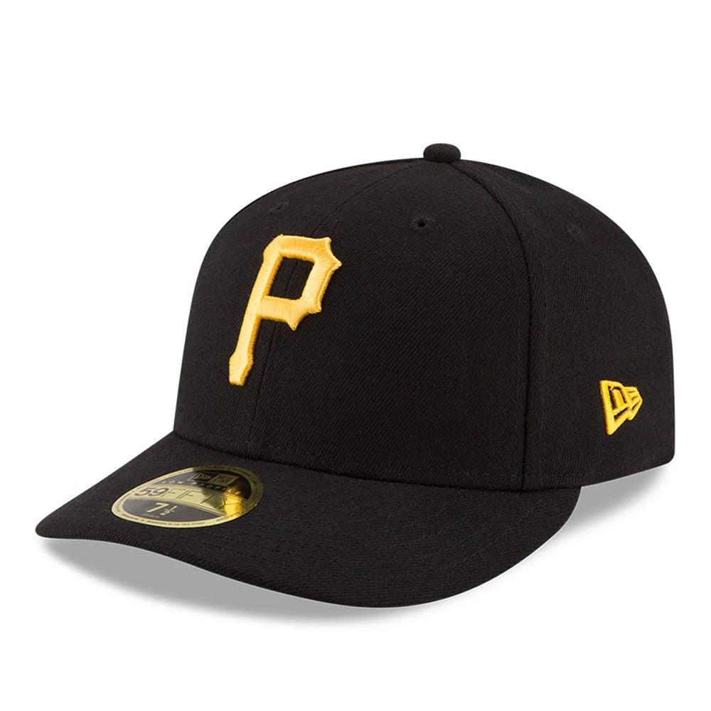 Pittsburgh Pirates Authentic Collection Black Low Profile New Era 59FIFTY Fitted Cap, three-quarter view showing the raised yellow embroidered P on the front panel, a gold 59FIFTY size sticker on the black visor.