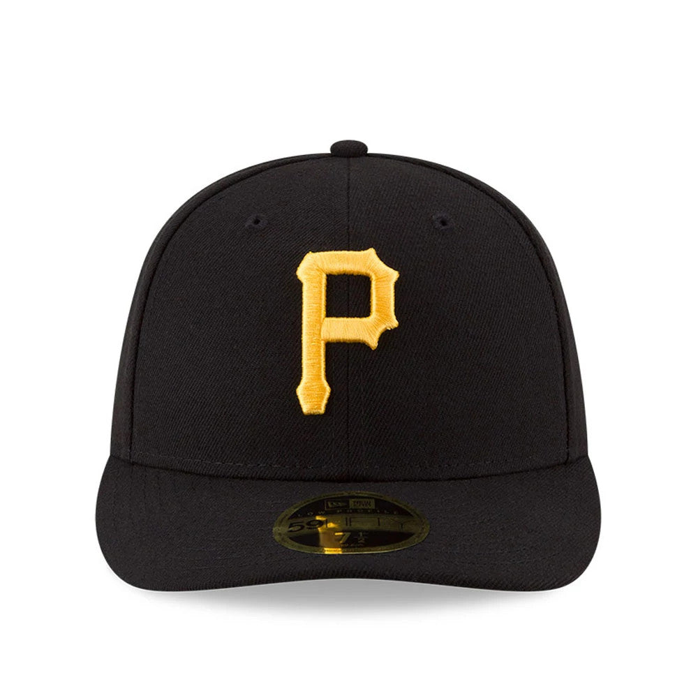 Pittsburgh Pirates Authentic Collection Black Low Profile New Era 59FIFTY Fitted Cap, front view showing the raised yellow embroidered P logo on the black front panel, black flat visor with gold 59FIFTY size sticker, and matching top button.