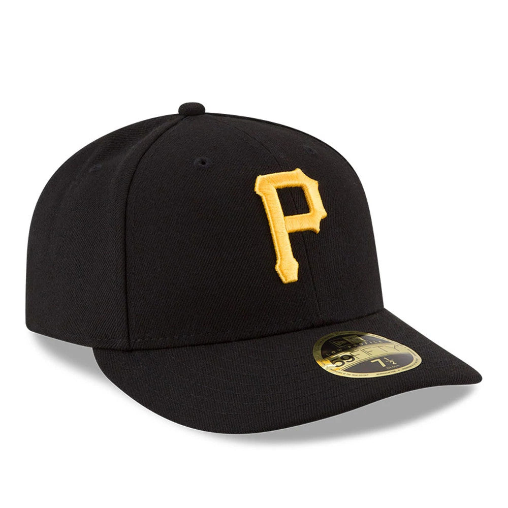 Pittsburgh Pirates Authentic Collection Black Low Profile New Era 59FIFTY Fitted Cap, front view showing the yellow embroidered P logo on the structured black crown, with a black curved visor and gold 59FIFTY size sticker on the top.