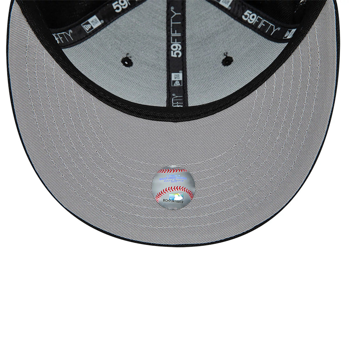 Boston Red Sox MLB Black Low Profile New Era 59FIFTY Fitted Cap, inside view showing the grey undervisor with a baseball-themed sticker, black 59FIFTY taping along the seams, and contrasting black sweatband surrounding the interior.
