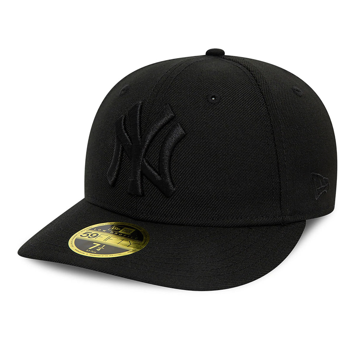 New York Yankees MLB Black Low Profile New Era 59FIFTY Fitted Cap, three-quarter view showing a black raised Yankees logo on the front panel, a curved black visor with a gold 59FIFTY size sticker, and the New Era flag logo on the left side.