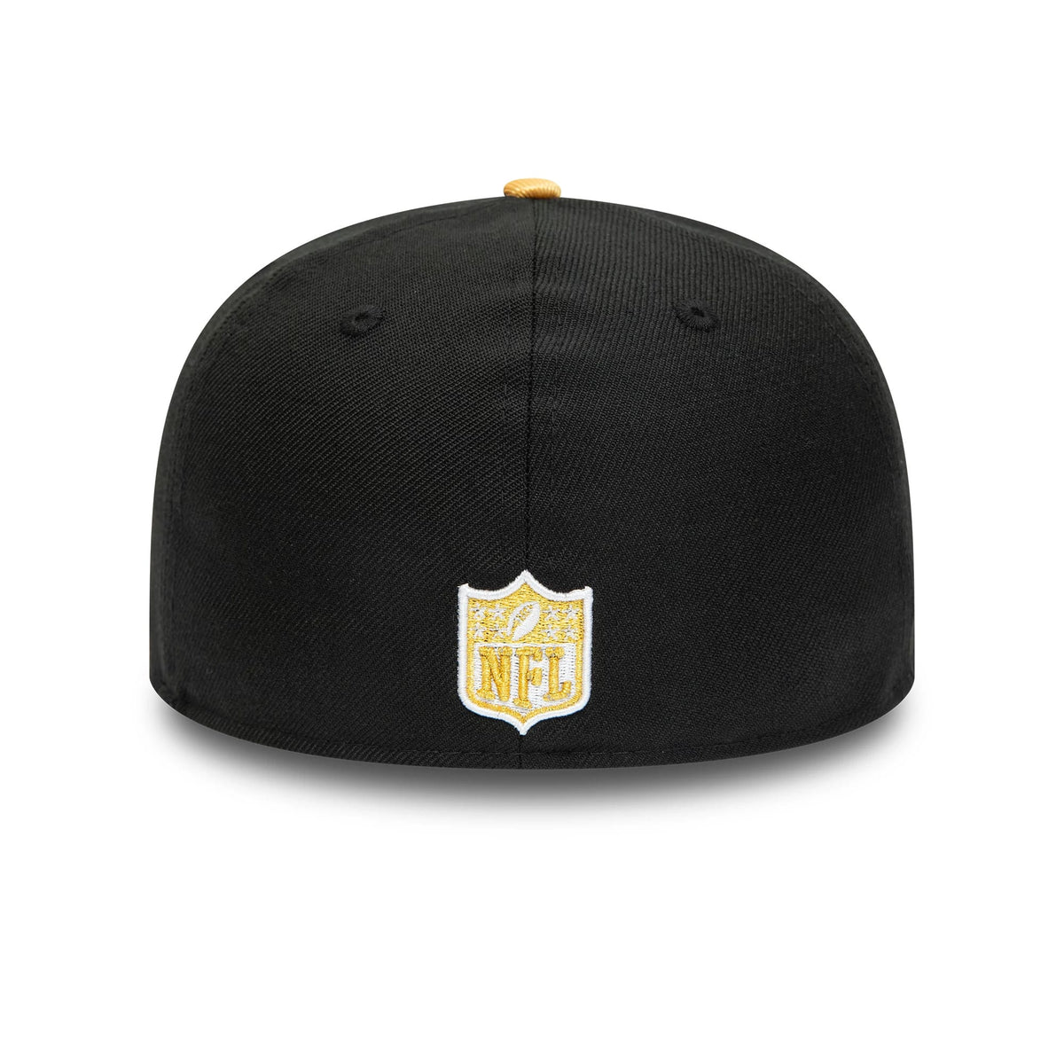 Tampa Bay Buccaneers NFL Black New Era 59FIFTY Fitted Cap, rear view showing the gold and white embroidered NFL shield logo at the base of the structured black crown, with matching black eyelets and a contrasting gold top button.