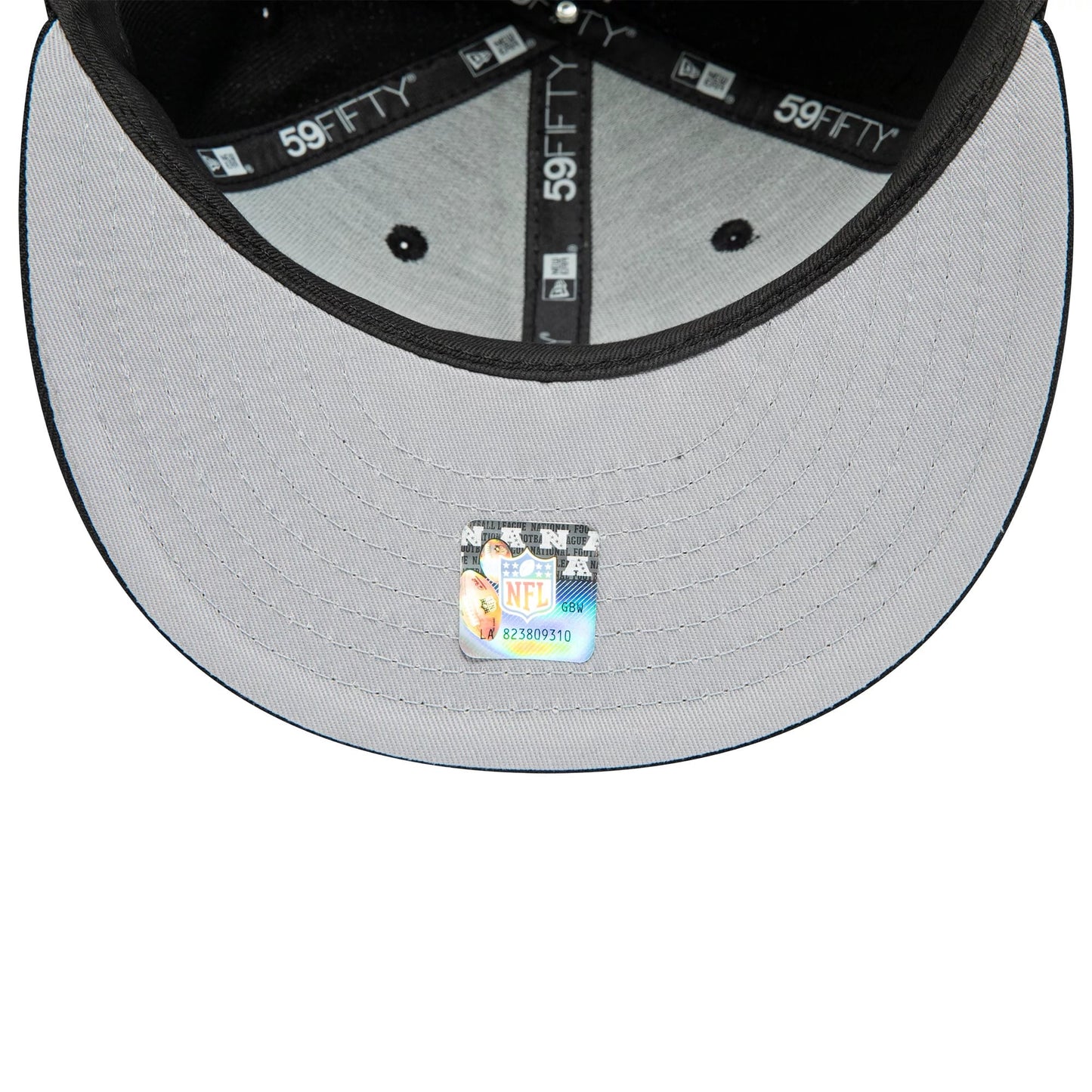 Tampa Bay Buccaneers NFL Black New Era 59FIFTY Fitted Cap, inside view showing a grey undervisor with an NFL holographic sticker, black taping with repeated 59FIFTY branding, and a black sweatband around the interior crown.