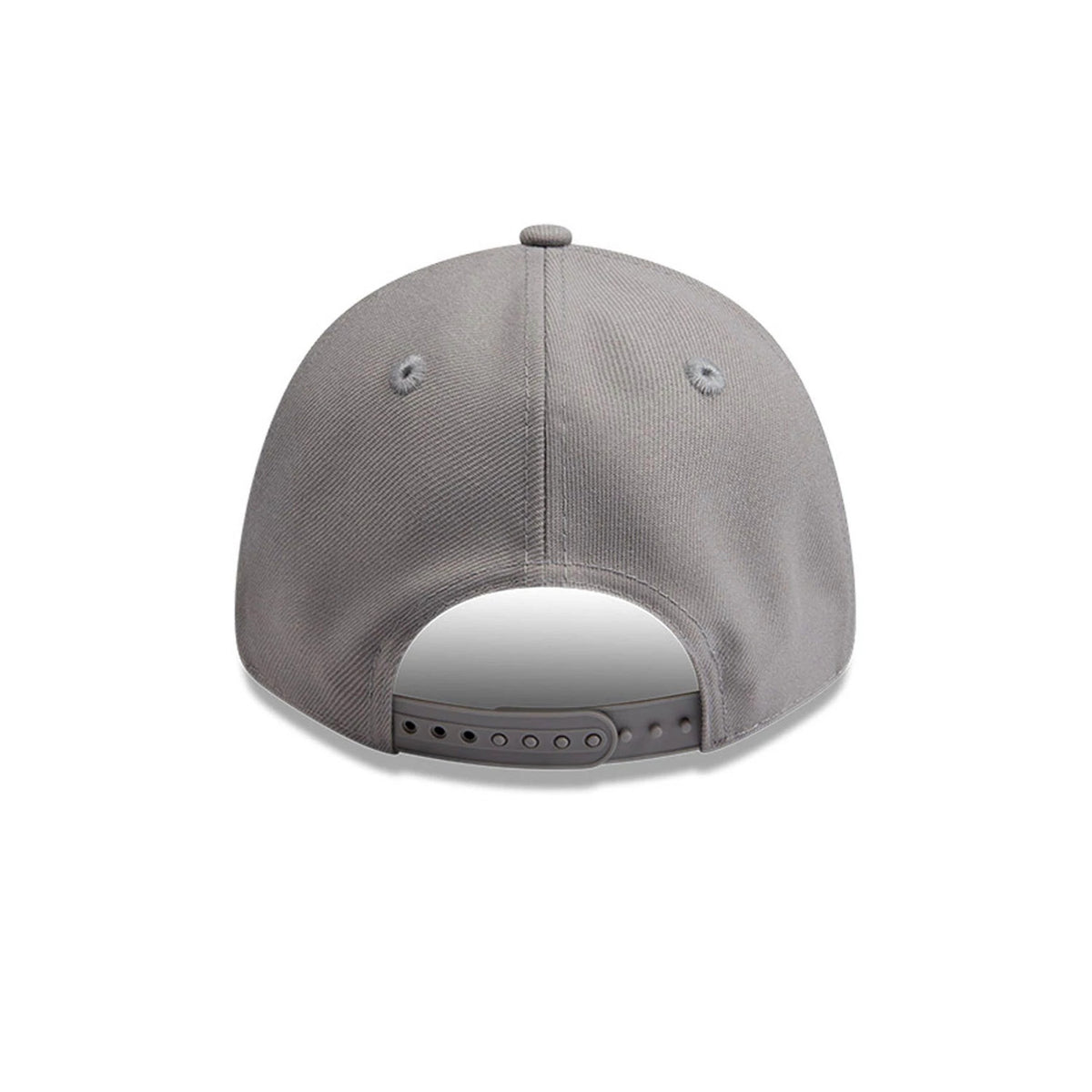 LA Dodgers Essential Pack Grey New Era 9FORTY Snapback Adjustable Cap, rear view showing the grey snapback closure with multiple fitting holes, centred between two grey embroidered eyelets on a grey structured crown.