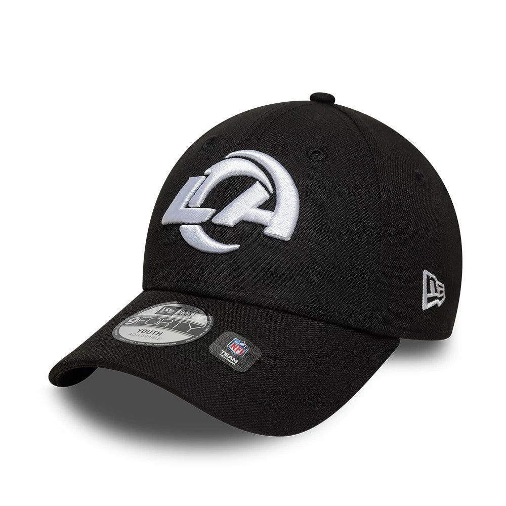 LA Rams NFL Black New Era 9FORTY Adjustable Cap, three-quarter view showing the raised white LA logo embroidered on the front panel, a curved black visor with a 9FORTY size sticker, and the New Era flag logo on the left side.