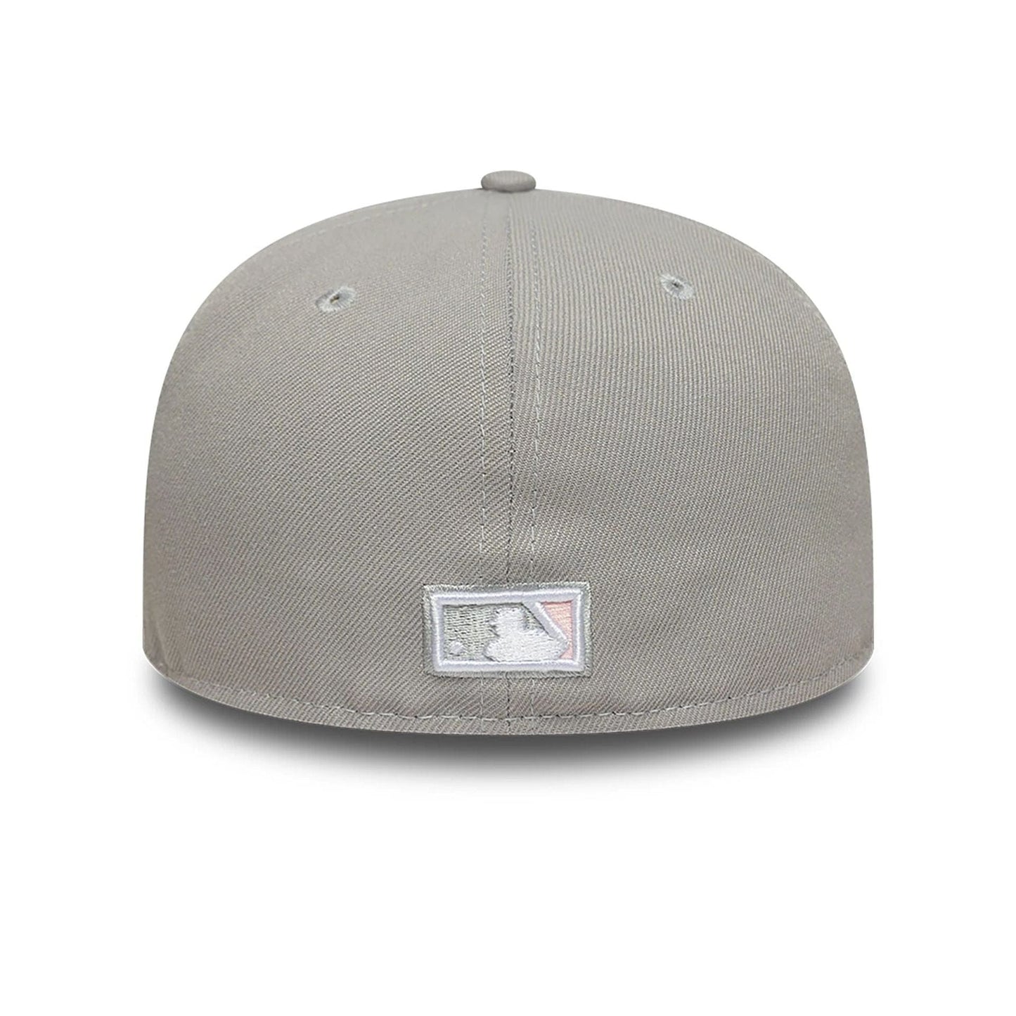 New York Yankees Essential Pack Sidepatch Grey New Era 59FIFTY Fitted Cap, rear view showing the white embroidered MLB Batterman logo centred on the back panels, with grey eyelets and a top button on the structured grey crown.