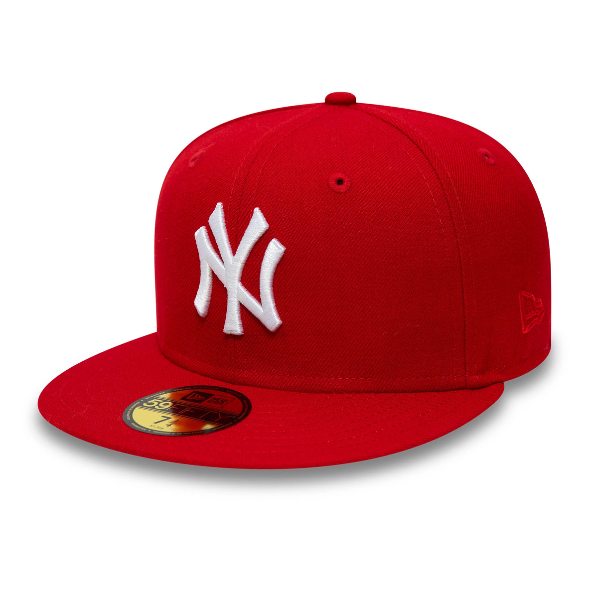 New York Yankees MLB World Series 1996 Red New Era 59FIFTY Fitted Cap, three-quarter view showing a raised white embroidered NY logo on the front panel, red visor with a gold 59FIFTY size sticker, and New Era flag logo on the left side.