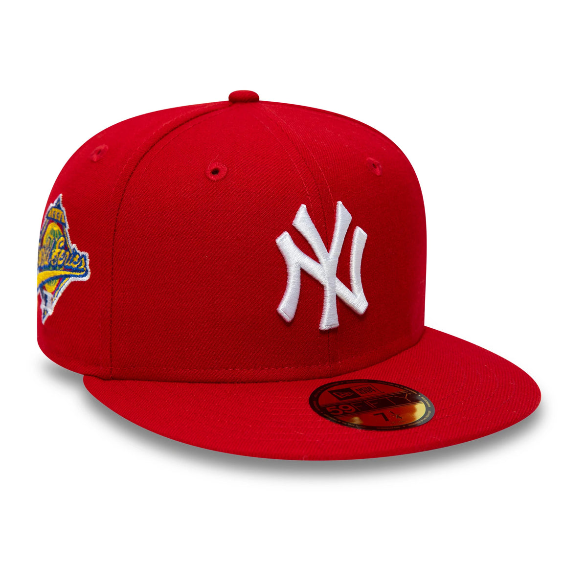 New York Yankees MLB World Series 1996 Red New Era 59FIFTY Fitted Cap, three-quarter view showing a white embroidered NY logo on the front panel, a commemorative patch on the right side, and a gold 59FIFTY size sticker on the red visor.