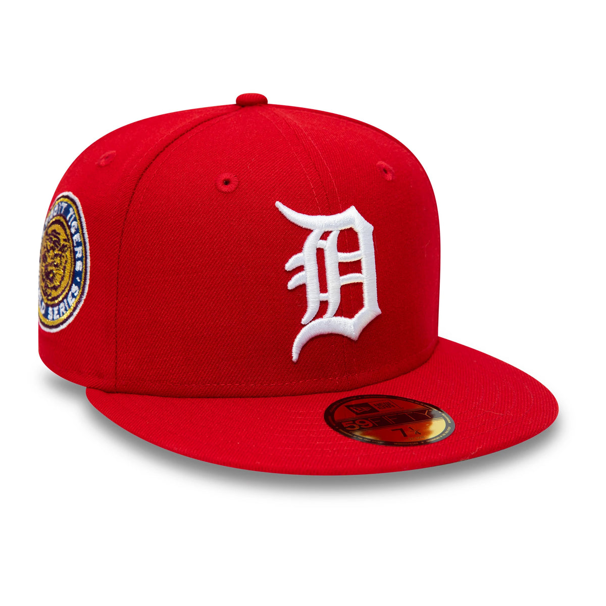 Detroit Tigers MLB World Series 1968 Red New Era 59FIFTY Fitted Cap, three-quarter view showing the white embroidered D logo on the front panel, a circular 1968 World Series patch on the right side, and the gold 59FIFTY size sticker on the red visor.