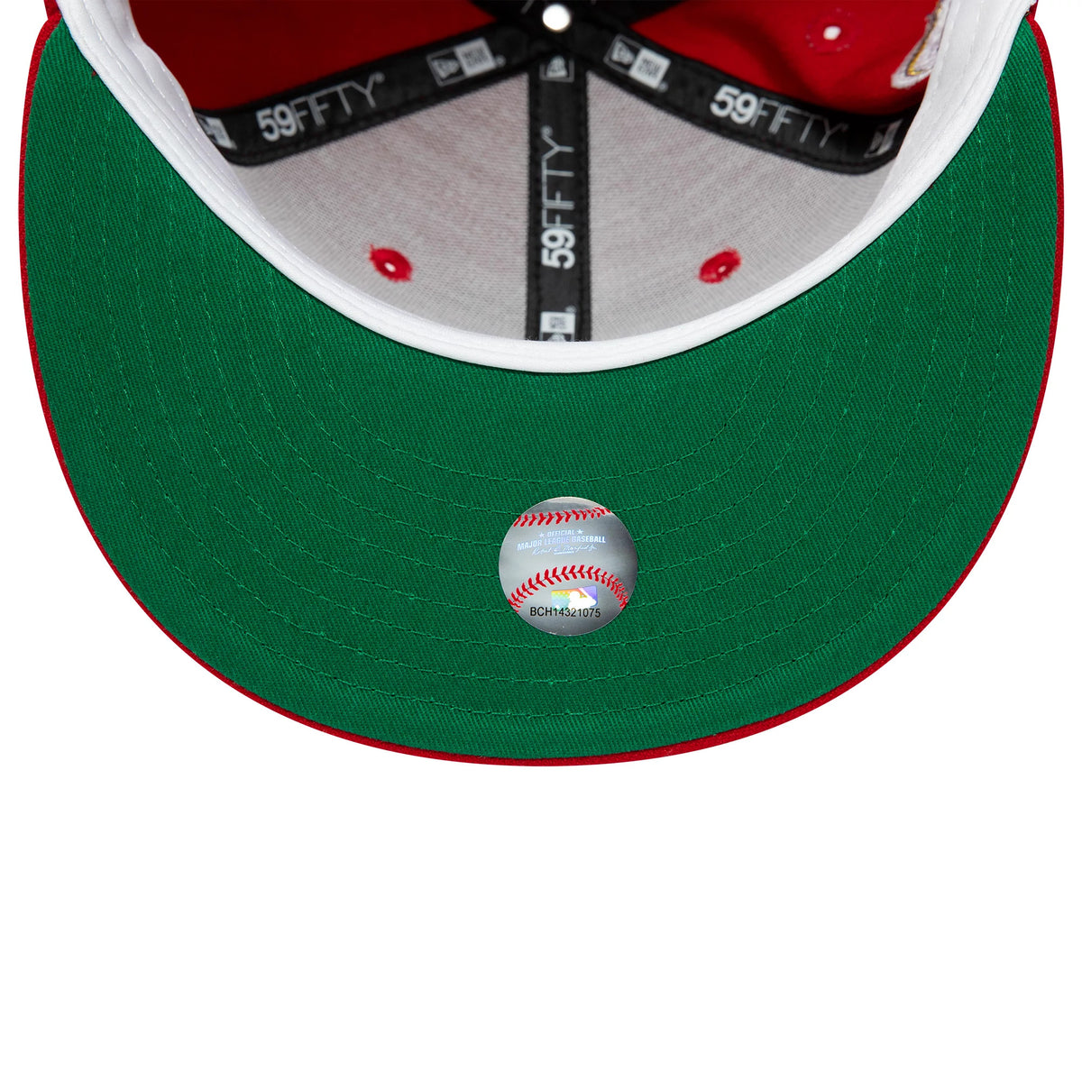 Detroit Tigers MLB World Series 1968 Red New Era 59FIFTY Fitted Cap, inside view showing the grey sweatband and black branded taping with white lettering, and a green undervisor with a baseball graphic sticker in the centre.
