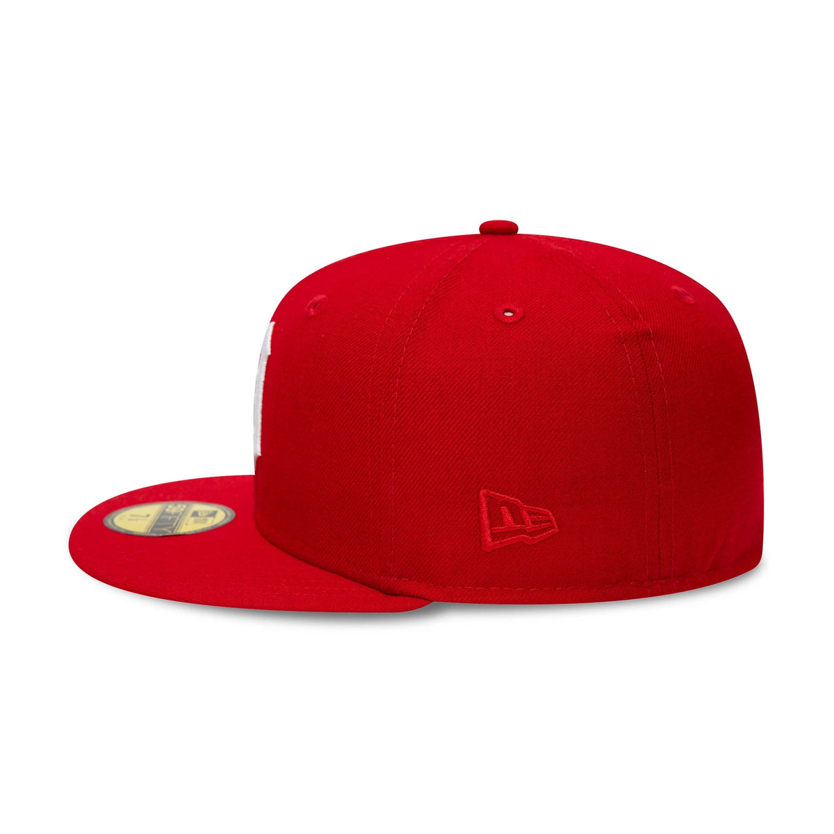 Detroit Tigers MLB World Series 1968 Red New Era 59FIFTY Fitted Cap, side view showing the embroidered New Era flag logo on the left side, a structured red crown and a gold 59FIFTY size sticker on the red flat visor.