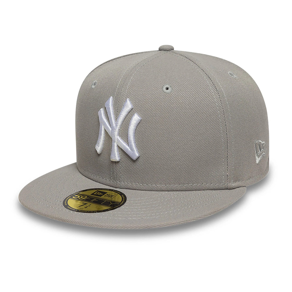 New York Yankees Essential Pack Grey & Blue New Era 59FIFTY Fitted Cap, three-quarter view showing the white raised embroidered NY logo on the front panel, complemented by the structured grey crown, grey flat visor, and gold 59FIFTY size sticker.