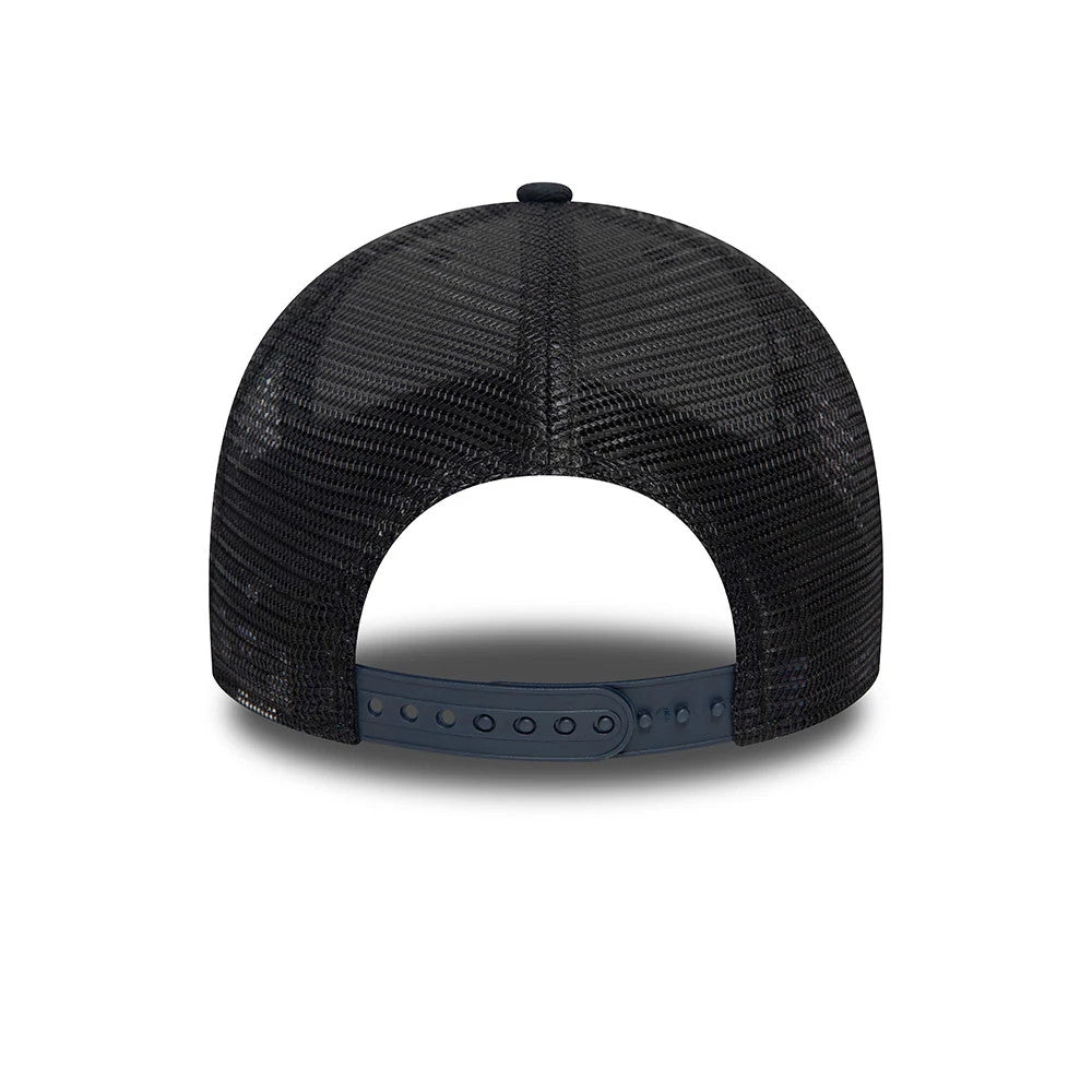 New Era Blank Navy 9FORTY Trucker Cap, rear view showing the open mesh back panels in dark navy with an adjustable snapback closure, featuring a matching navy top button on the structured crown.