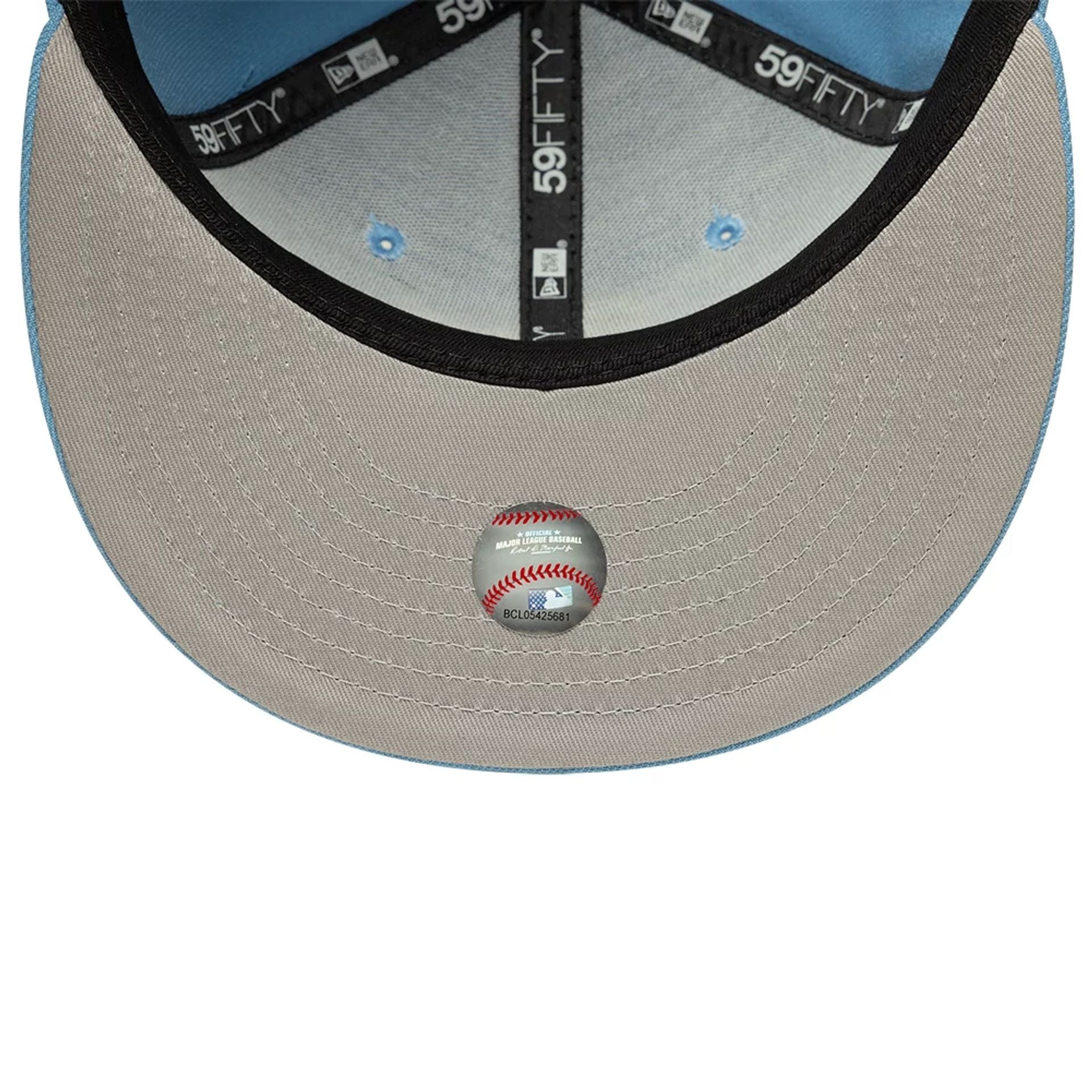 Pictured is this MLB Athletics 59FIFTY Fitted cap in pastel blue. 2