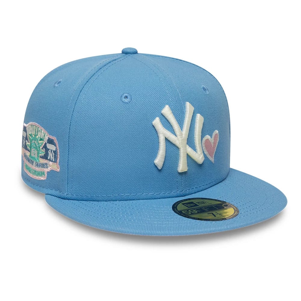Pictured is this MLB Heart New York Yankees 59FIFTY Fitted cap in pastel blue. 1
