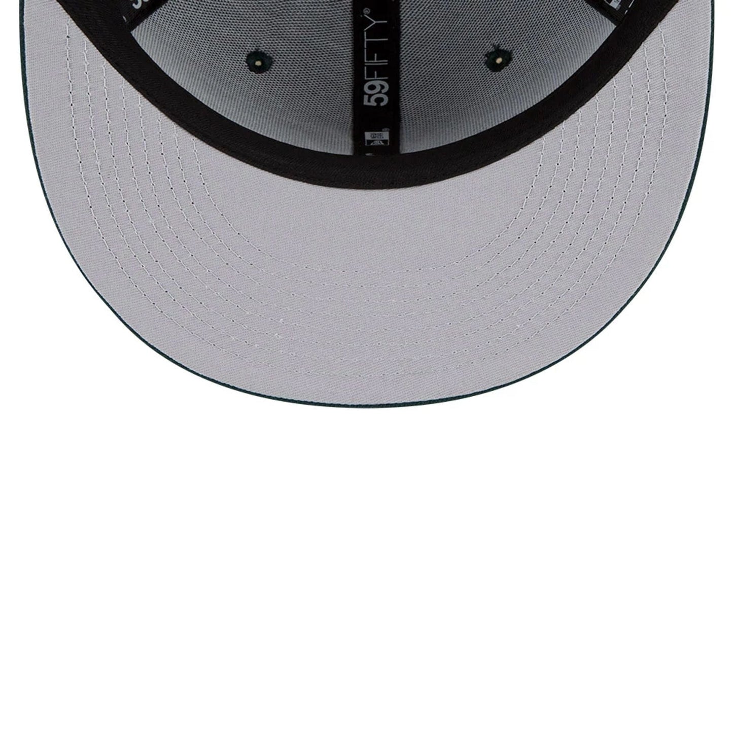 Atlanta Braves MLB Dark Green New Era 59FIFTY Fitted Cap, inside view showing the grey undervisor, black sweatband, and branded taping with 59FIFTY lettering, highlighting structured and classic craftsmanship.