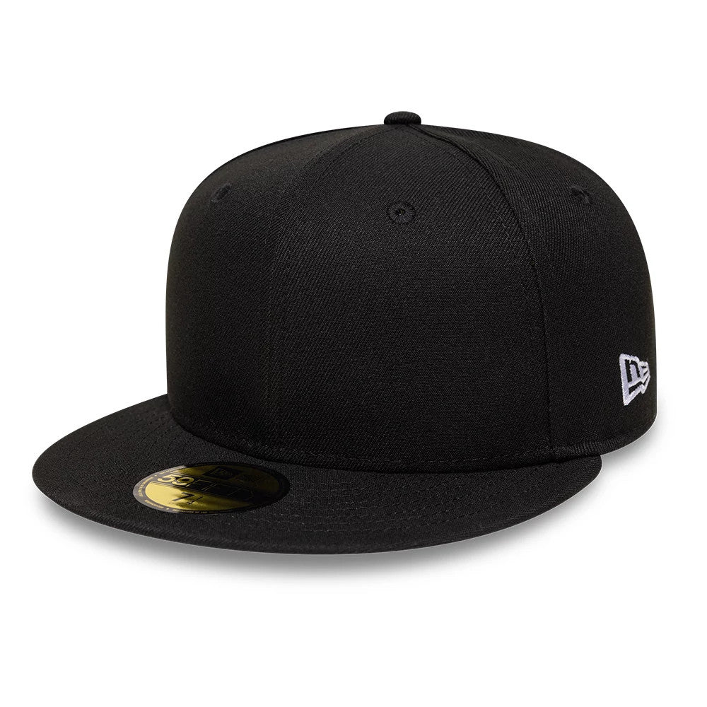 New Era Black 59FIFTY Fitted Cap, three-quarter view showing the white embroidered New Era flag logo on the left side, a flat black visor with a gold 59FIFTY size sticker, and a structured black crown with matching top button and eyelets.