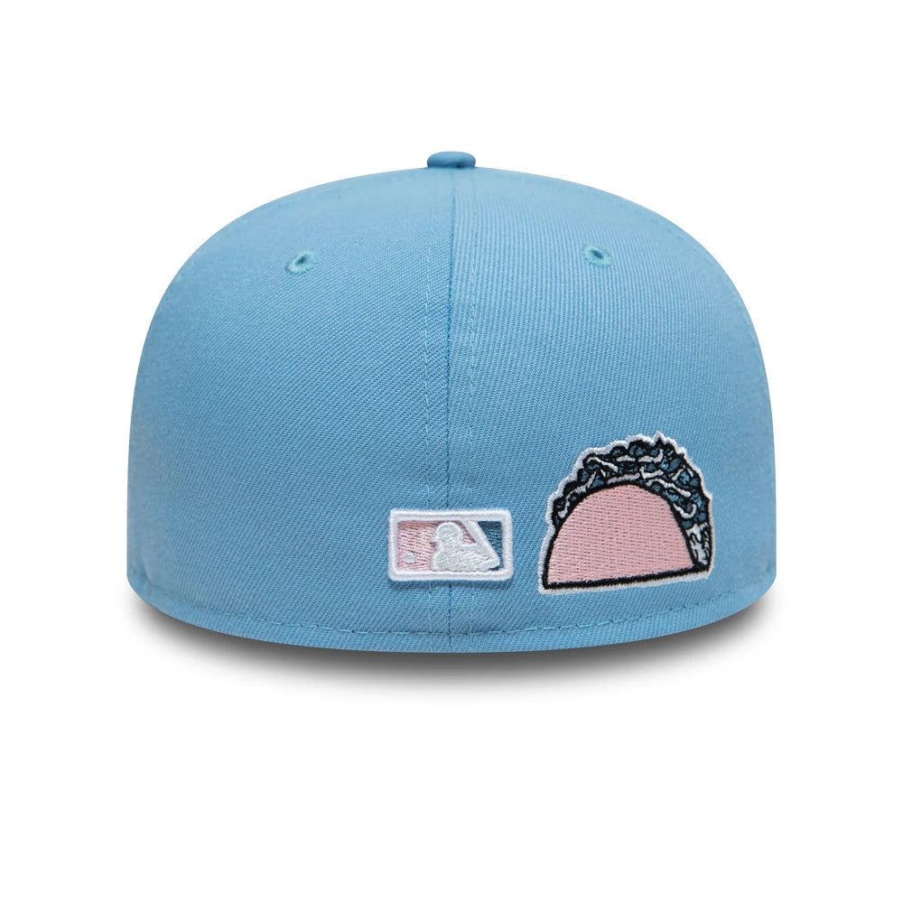 LA Dodgers Palm Taco Blue New Era 59FIFTY Cap, rear view showing the embroidered pink and black taco graphic alongside the white MLB Batterman logo at the centre back on the structured blue crown, complemented by matching blue eyelets.