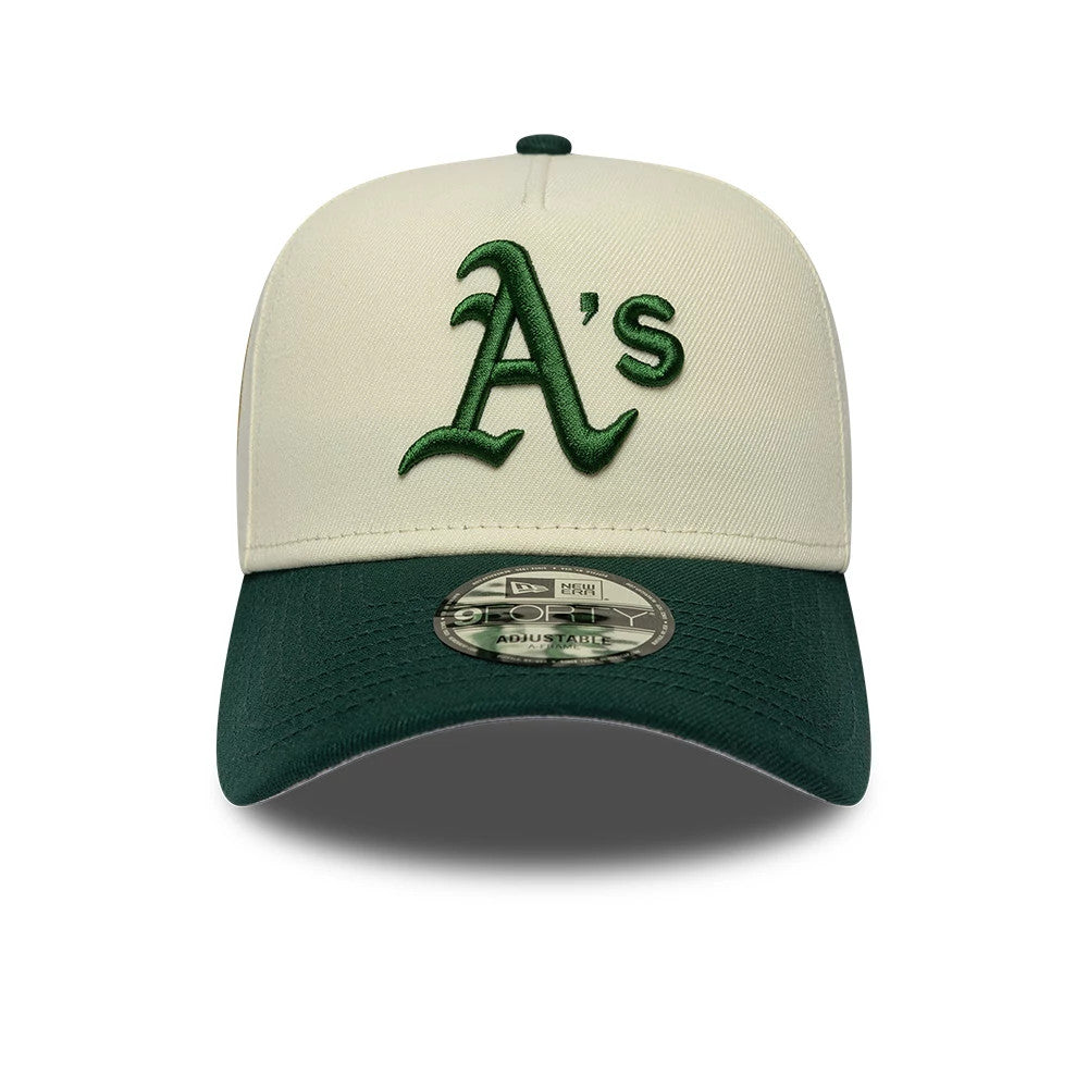 Athletics MLB Cooperstown White & Green New Era 9FORTY A-Frame Cap, front view showing the raised green embroidered A's logo on the white front panel, complemented by a dark green curved visor with a 9FORTY size sticker.