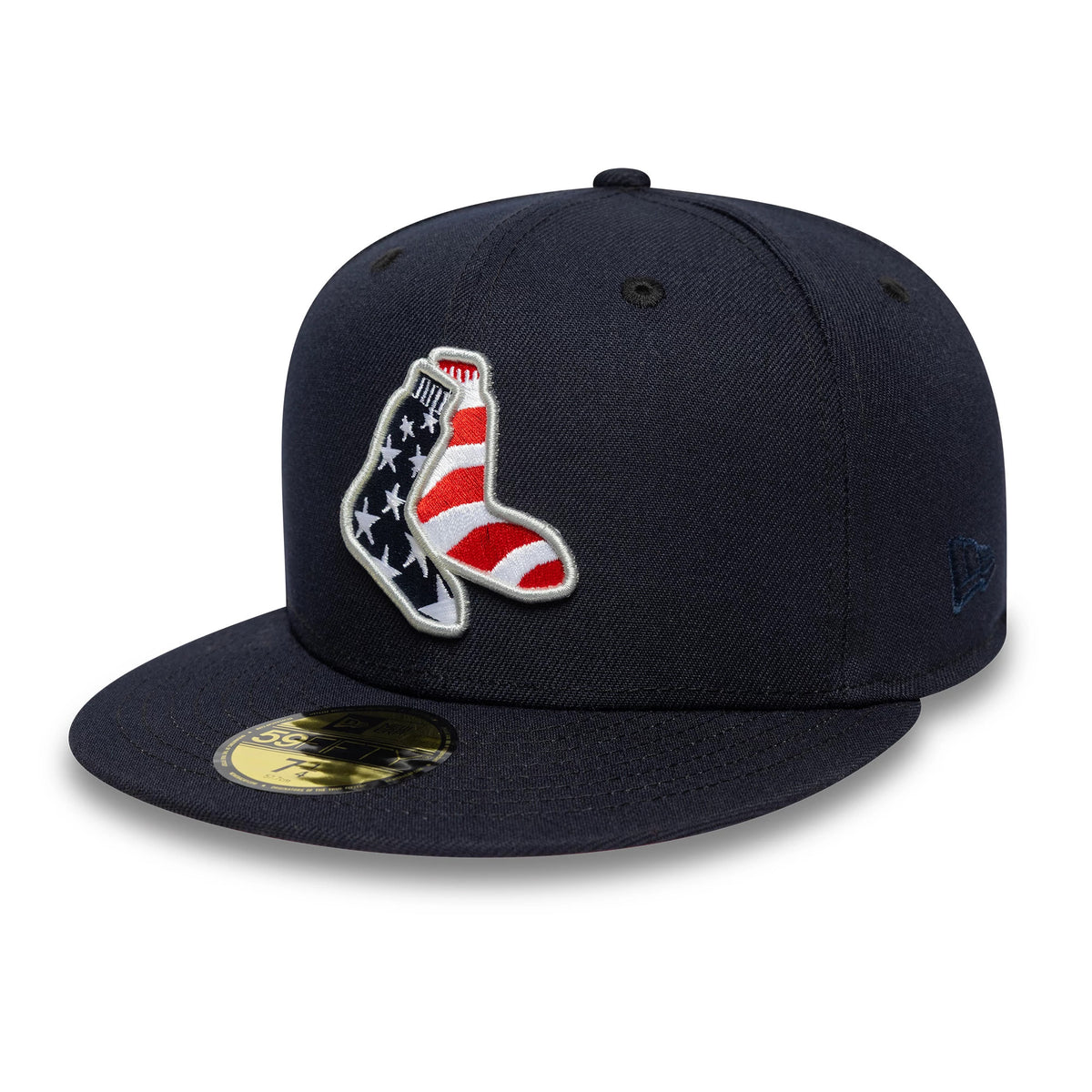 Boston Red Sox MLB Cooperstown Navy New Era 59FIFTY Fitted Cap, three-quarter view showing the American flag-themed Sox logo in raised embroidery on the front panel, a matching navy visor with a gold 59FIFTY size sticker.