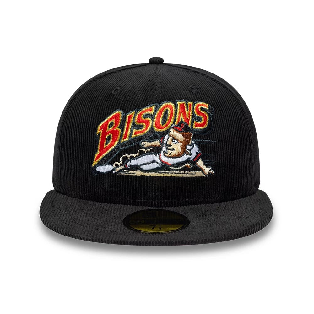 Buffalo Bisons MiLB Hometown Cord Black New Era 59FIFTY Fitted Cap, front view showing a embroidered graphic of a bison in a baseball uniform sliding on the front panel, with a black visor and a gold 59FIFTY size sticker.
