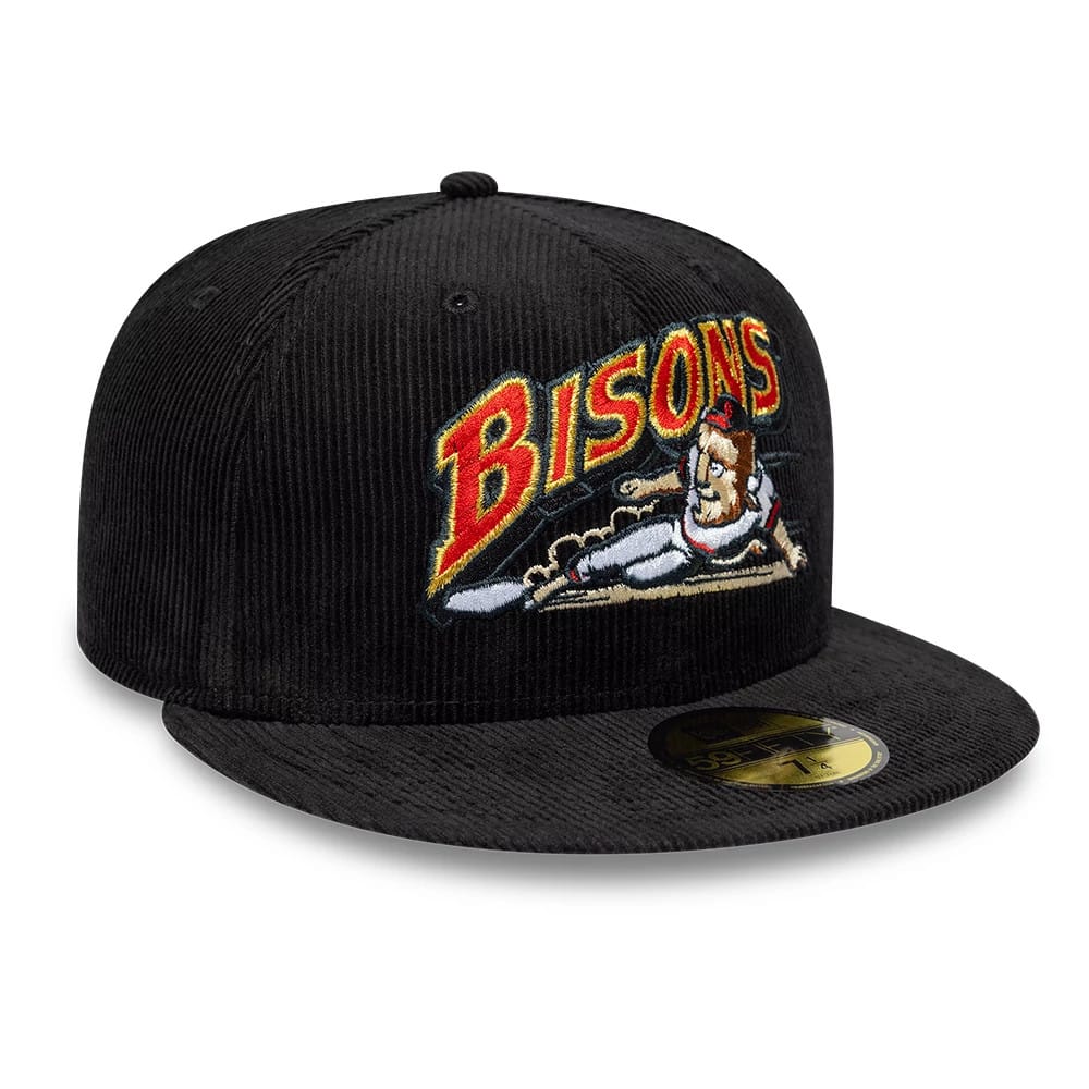 Buffalo Bisons MiLB Hometown Cord Black New Era 59FIFTY Fitted Cap, three-quarter view showing the Bisons logo with a sliding player in raised embroidery on the structured black corduroy front panel.
