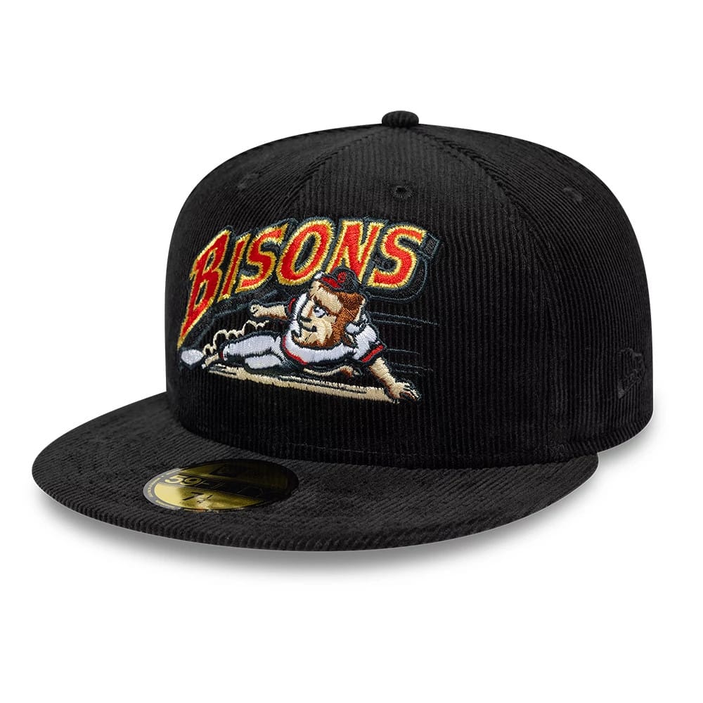 Buffalo Bisons MiLB Hometown Cord Black New Era 59FIFTY Fitted Cap, three-quarter view showing a embroidered Bisons wordmark and character on the front panel, with a structured black corduroy crown, flat visor, and gold 59FIFTY size sticker.