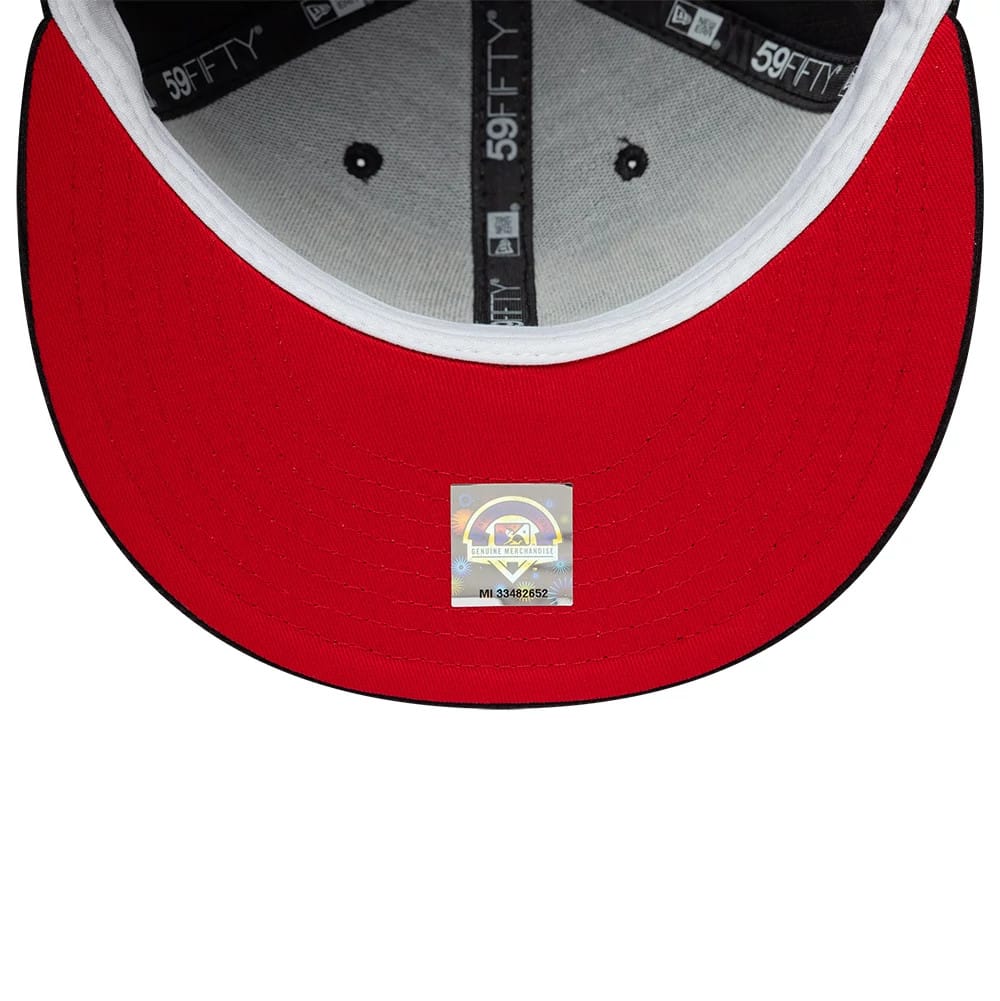 Buffalo Bisons MiLB Hometown Cord Black New Era 59FIFTY Fitted Cap, inside view showing the grey undervisor with black taping along the seams, a multicoloured holographic sticker at the centre, and the grey sweatband encircling the interior.