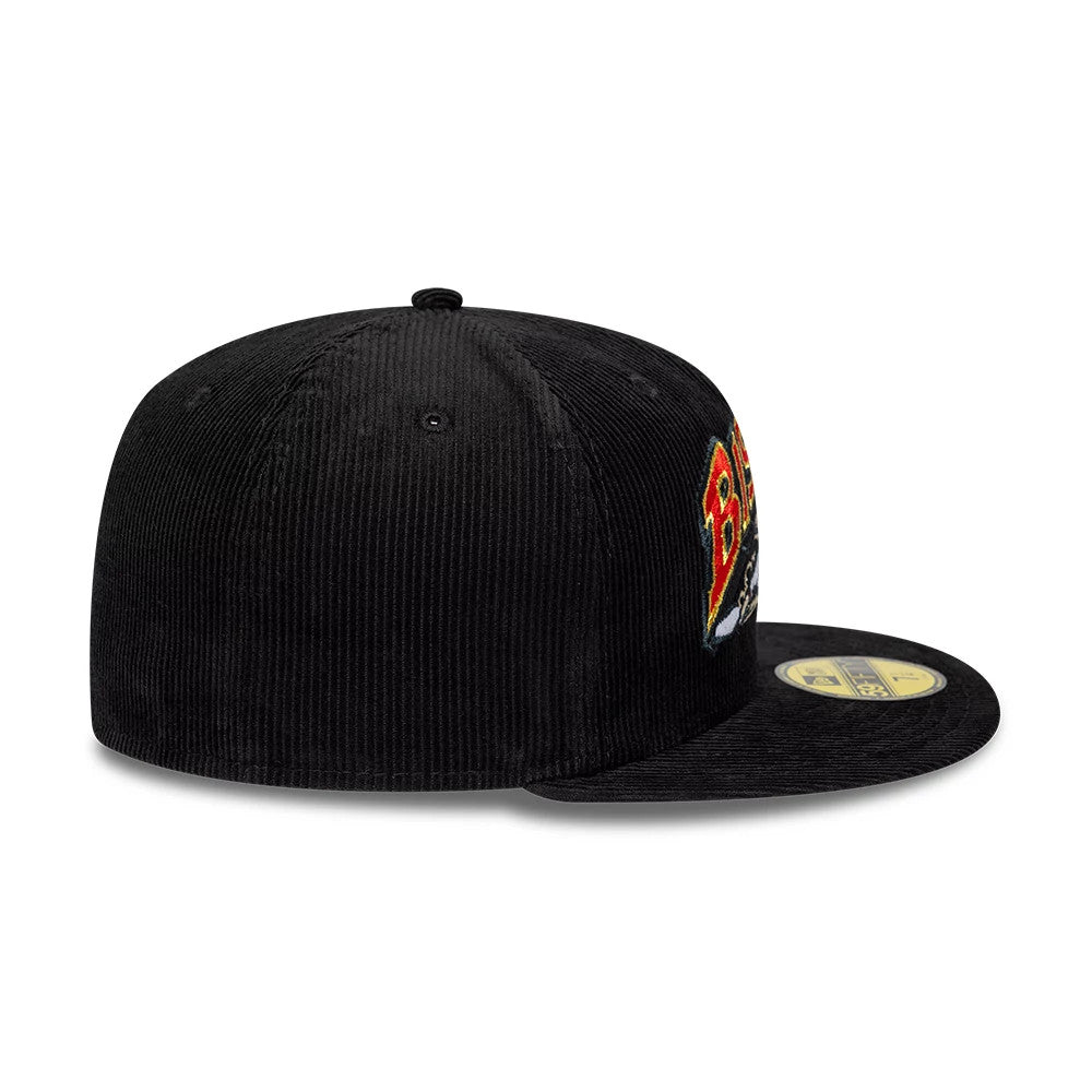 Buffalo Bisons MiLB Hometown Cord Black New Era 59FIFTY Fitted Cap, side view showing the raised Bisons wordmark logo embroidered on the black corduroy front panels, with a flat black visor and a gold 59FIFTY size sticker on top.