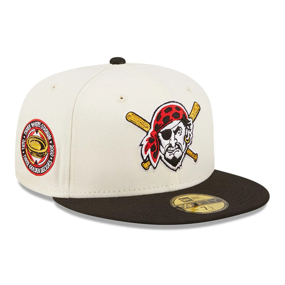 Pittsburgh Pirates Chrome White New Era 59FIFTY Fitted Cap, three-quarter view showing the raised embroidered pirate logo with crossed bats on the front panel, black flat visor with a gold 59FIFTY size sticker, and side stadium patch.