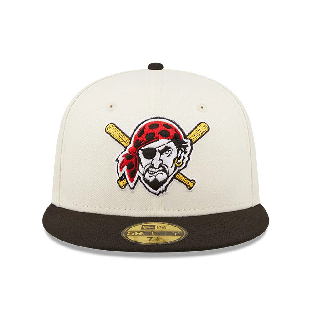 Pittsburgh Pirates Chrome White New Era 59FIFTY Fitted Cap, front view showing a raised embroidered pirate logo in red, black, and gold on the front panel, brown flat visor, and a gold 59FIFTY size sticker on top.