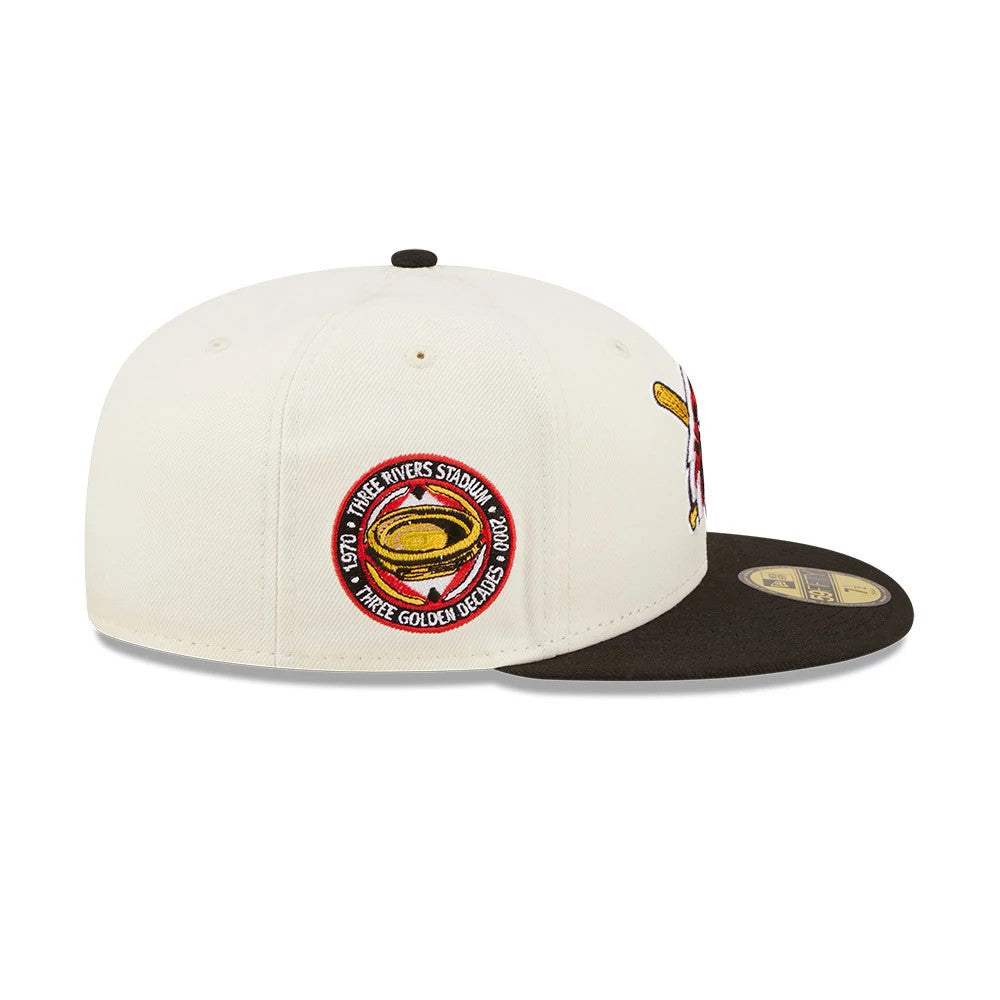Pittsburgh Pirates Chrome White New Era 59FIFTY Fitted Cap, side view showing a detailed Three Rivers Stadium patch on the cream-coloured structured crown, with a brown flat visor and a gold 59FIFTY size sticker on the top.