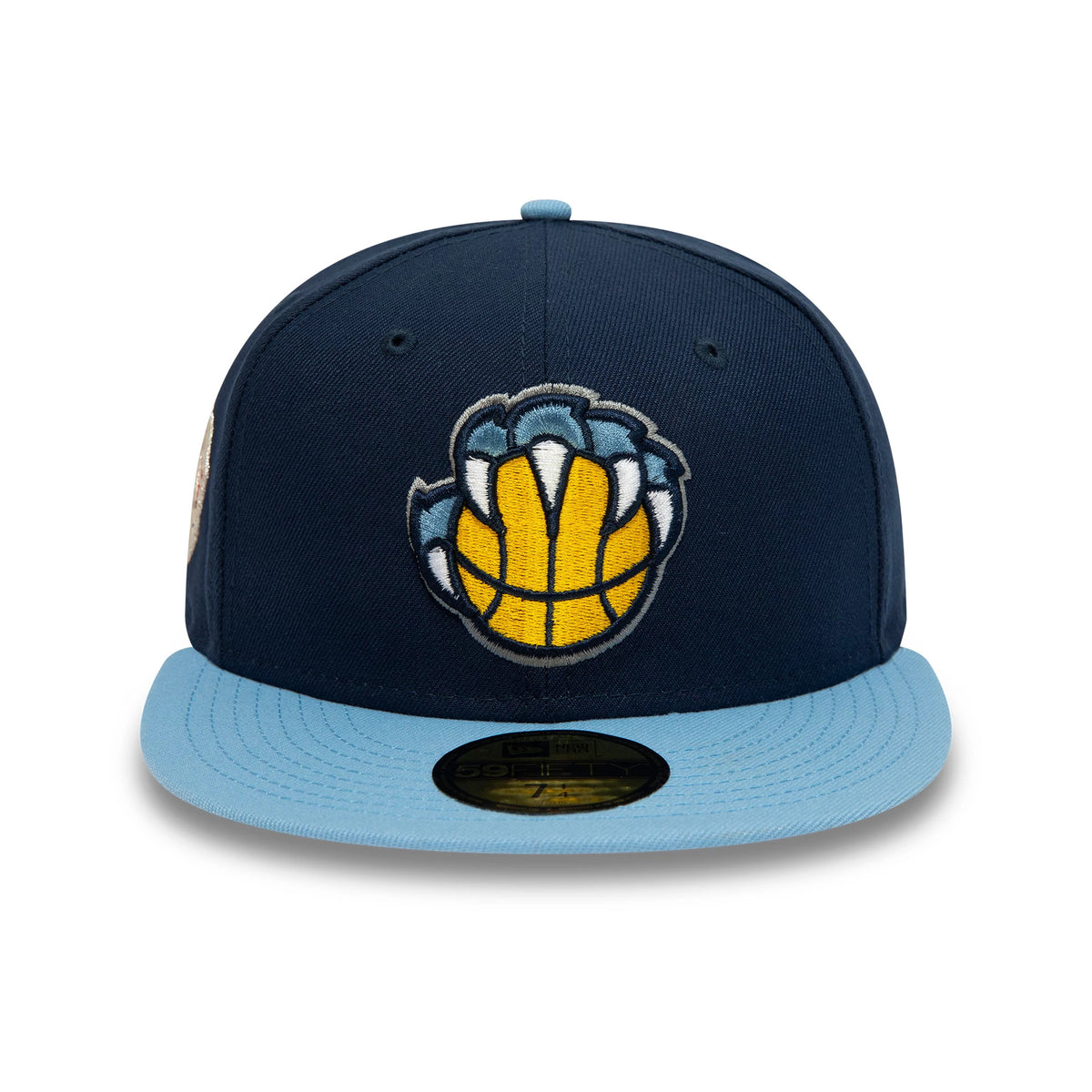 Memphis Grizzlies NBA Side Patch Dark Blue New Era 59FIFTY Fitted Cap, front view showing a raised yellow and blue bear claw logo embroidered on the front panel, with a light blue flat visor and the gold 59FIFTY size sticker on top.
